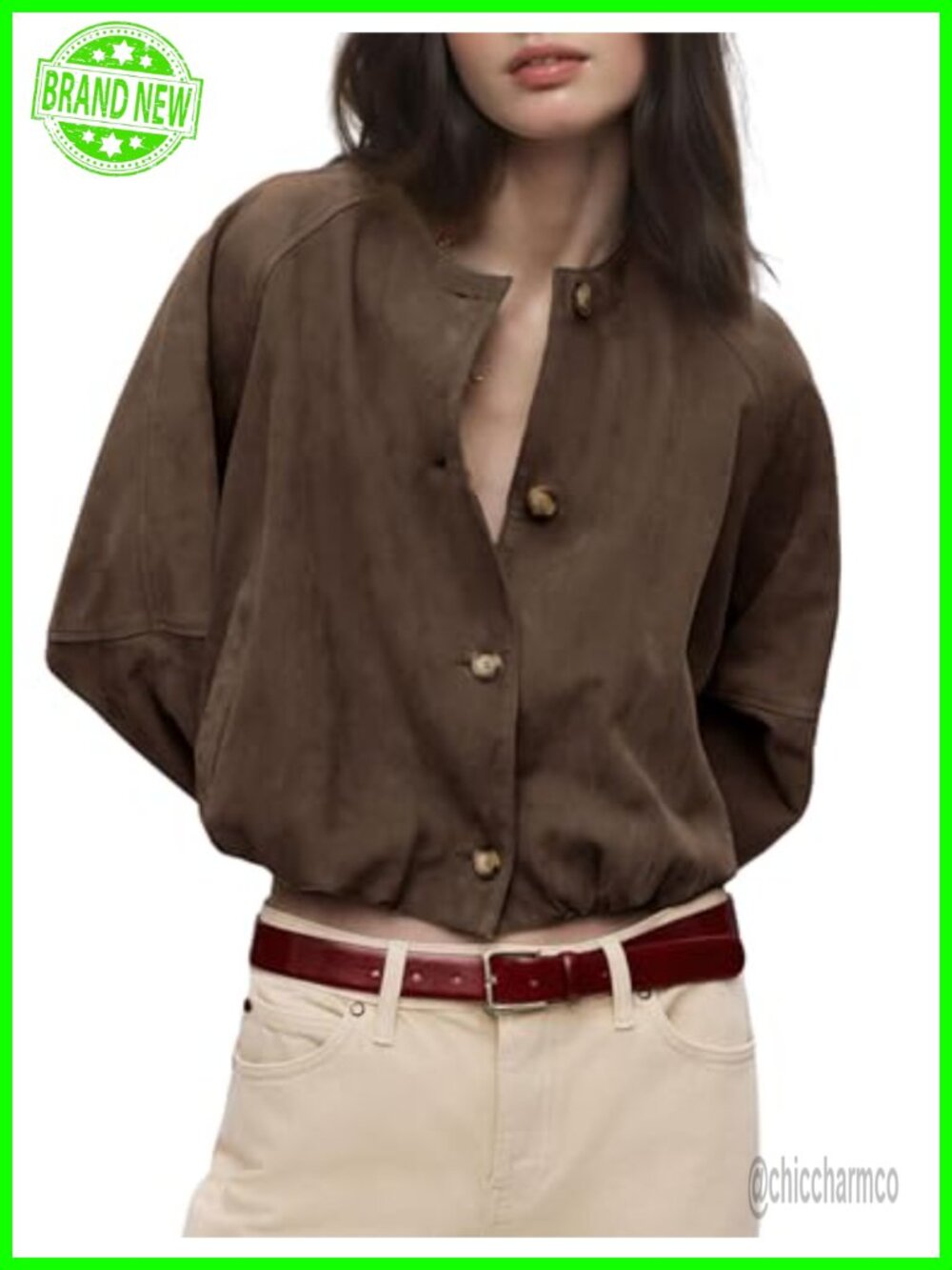 Faux Suede Cropped Jacket Women Oversized Button Front Streetwear Coat